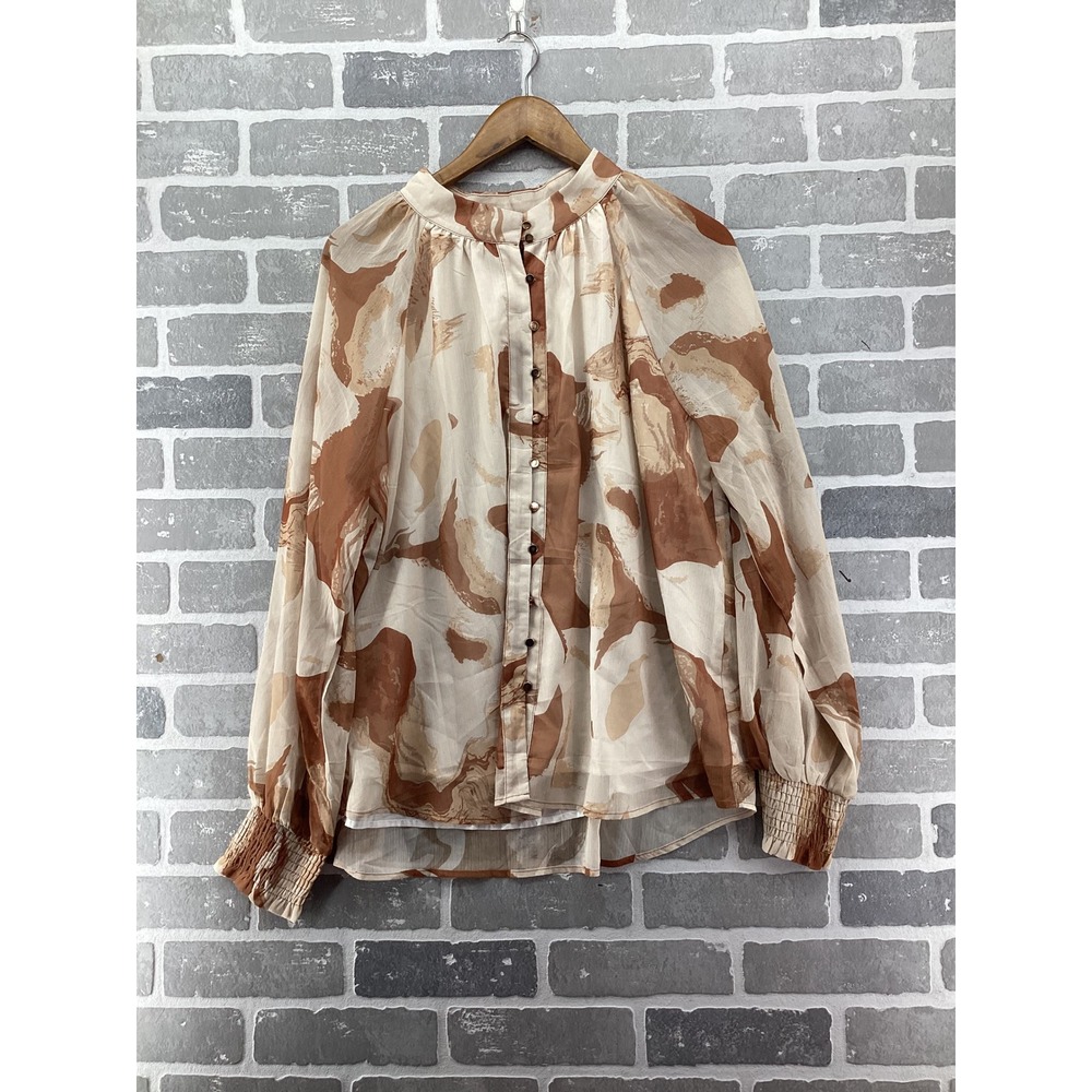 Zesica Women XL Brown Abstract Print Button Down Blouse Mock Neck Balloon Sleeve